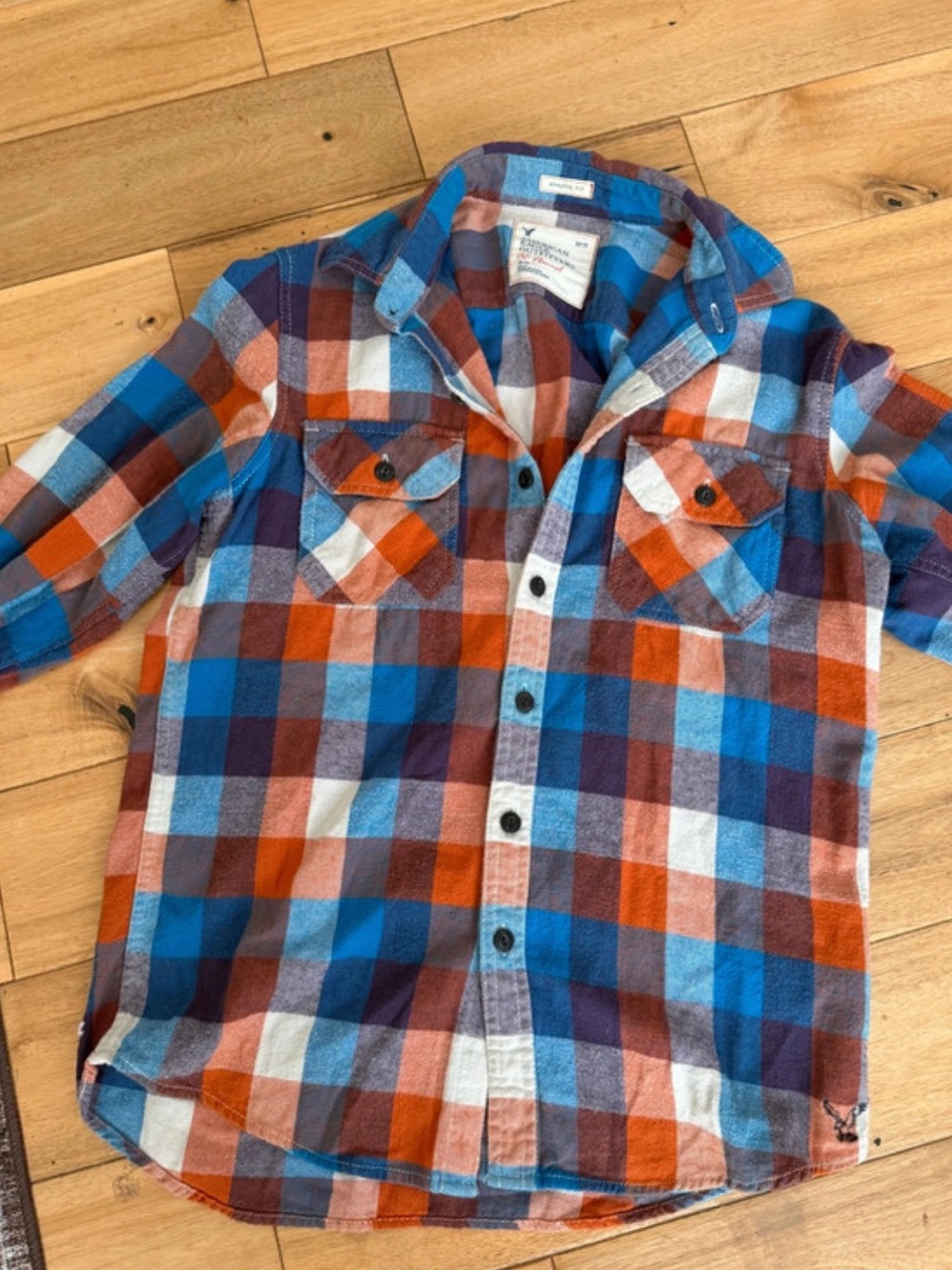 AE Men's Plaid Button-Up Flannel Shirt  in Blue, Orange & Cream